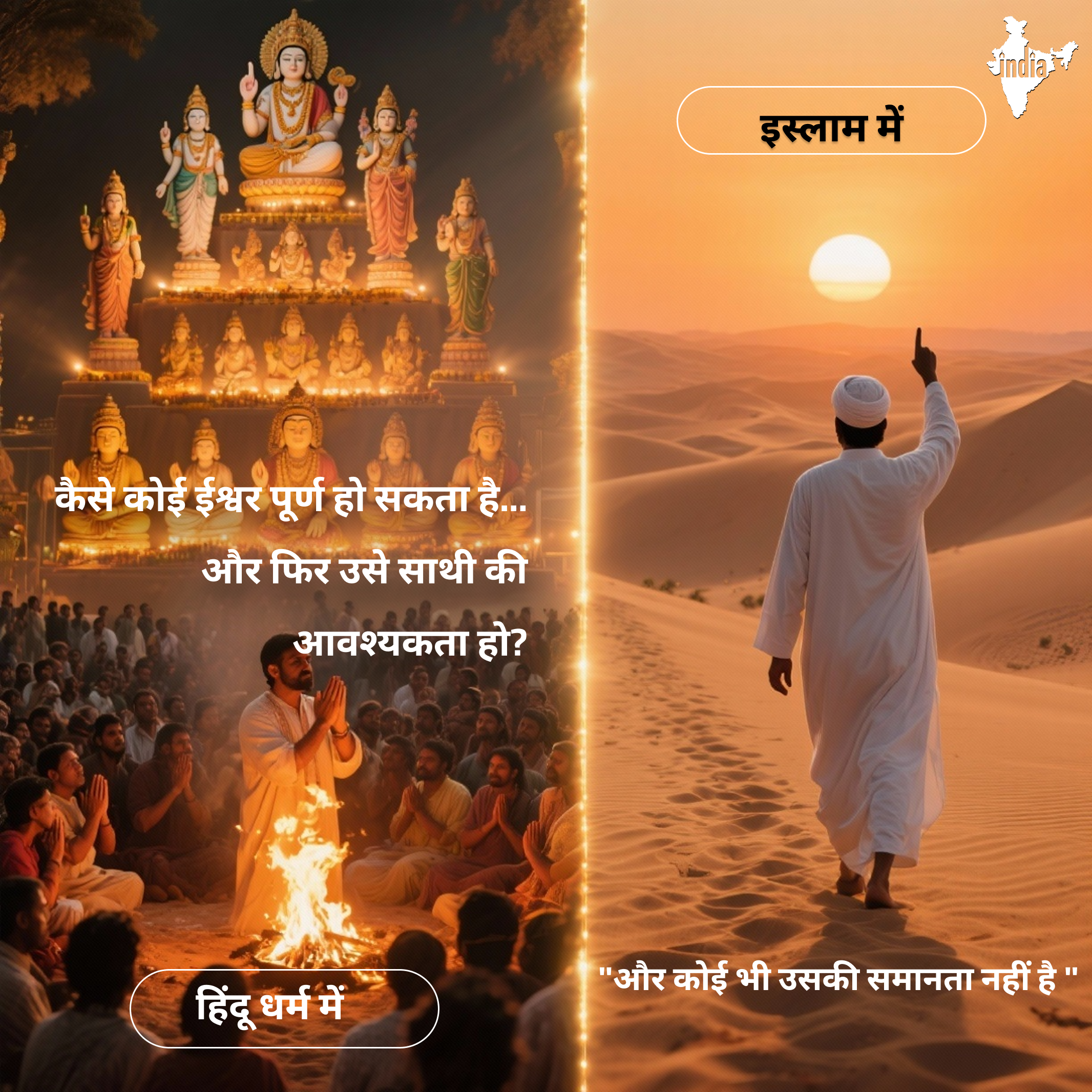 इस्लाम में  "और कोई भी उसकी समानता नहीं है।" हिंदू धर्म में  कैसे कोई ईश्वर पूर्ण हो सकता है... और फिर उसे साथी की आवश्यकता हो?