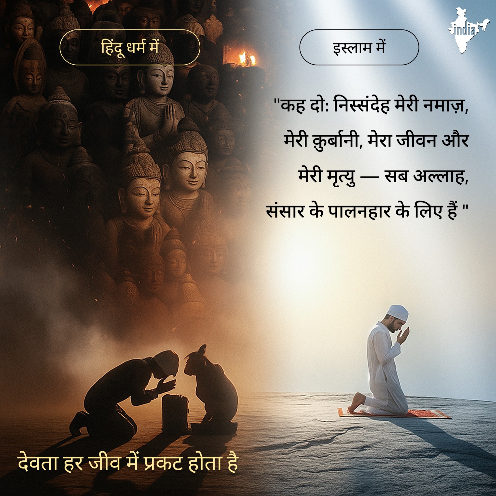 इस्लाम में  "कह दो: निस्संदेह मेरी नमाज़, मेरी क़ुर्बानी, मेरा जीवन और मेरी मृत्यु — सब अल्लाह, संसार के पालनहार के लिए हैं।" हिंदू धर्म में  देवता हर जीव में प्रकट होता है।