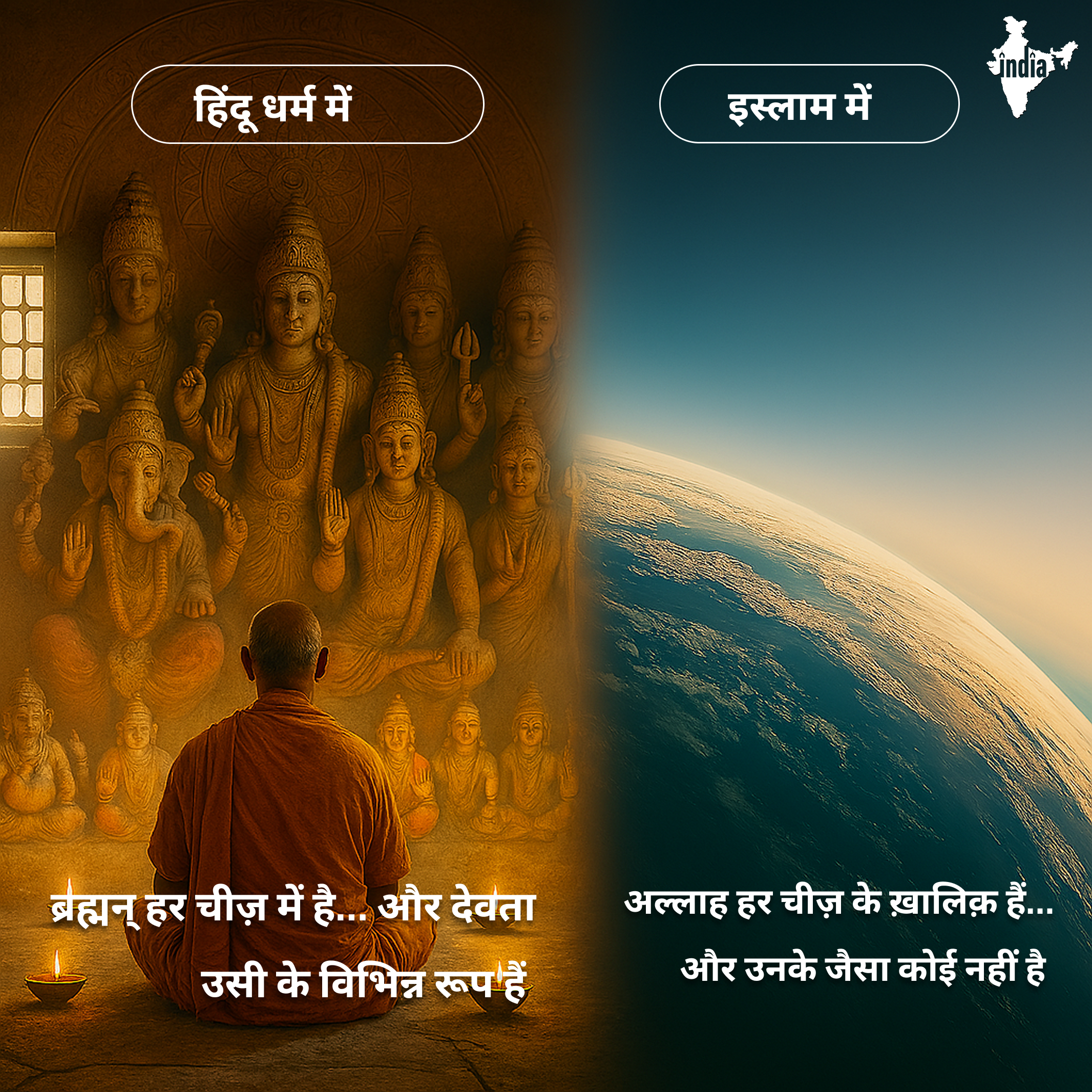 इस्लाम में  अल्लाह हर चीज़ के ख़ालिक़ हैं… और उनके जैसा कोई नहीं है। हिंदू धर्म में  ब्रह्मन् हर चीज़ में है… और देवता उसी के विभिन्न रूप हैं।