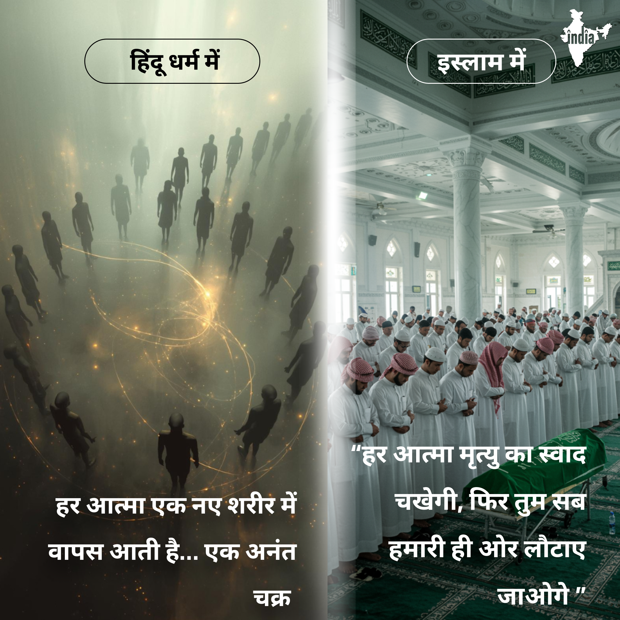 इस्लाम में  “हर आत्मा मृत्यु का स्वाद चखेगी, फिर तुम सब हमारी ही ओर लौटाए जाओगे।” हिंदू धर्म में  हर आत्मा एक नए शरीर में वापस आती है… एक अनंत चक्र।