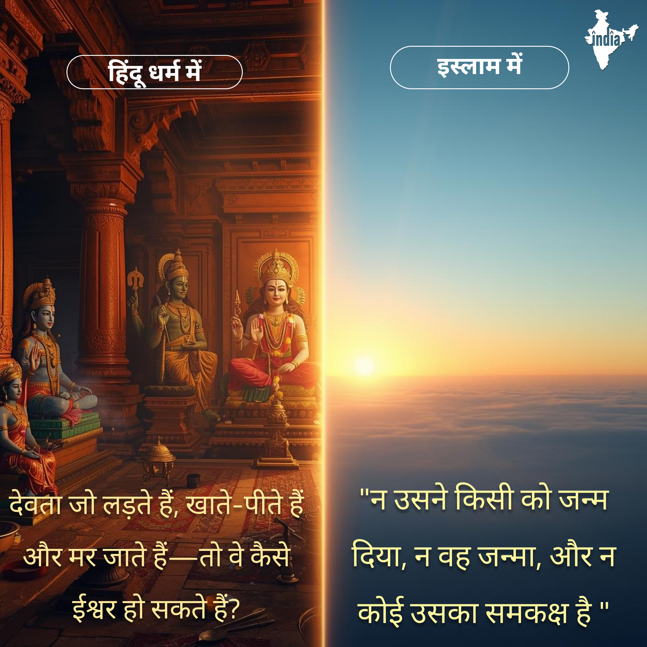 इस्लाम में  "न उसने किसी को जन्म दिया, न वह जन्मा, और न कोई उसका समकक्ष है।" — सूरह अल-इख़्लास हिंदू धर्म में  देवता जो लड़ते हैं, खाते-पीते हैं और मर जाते हैं—तो वे कैसे ईश्वर हो सकते हैं?
