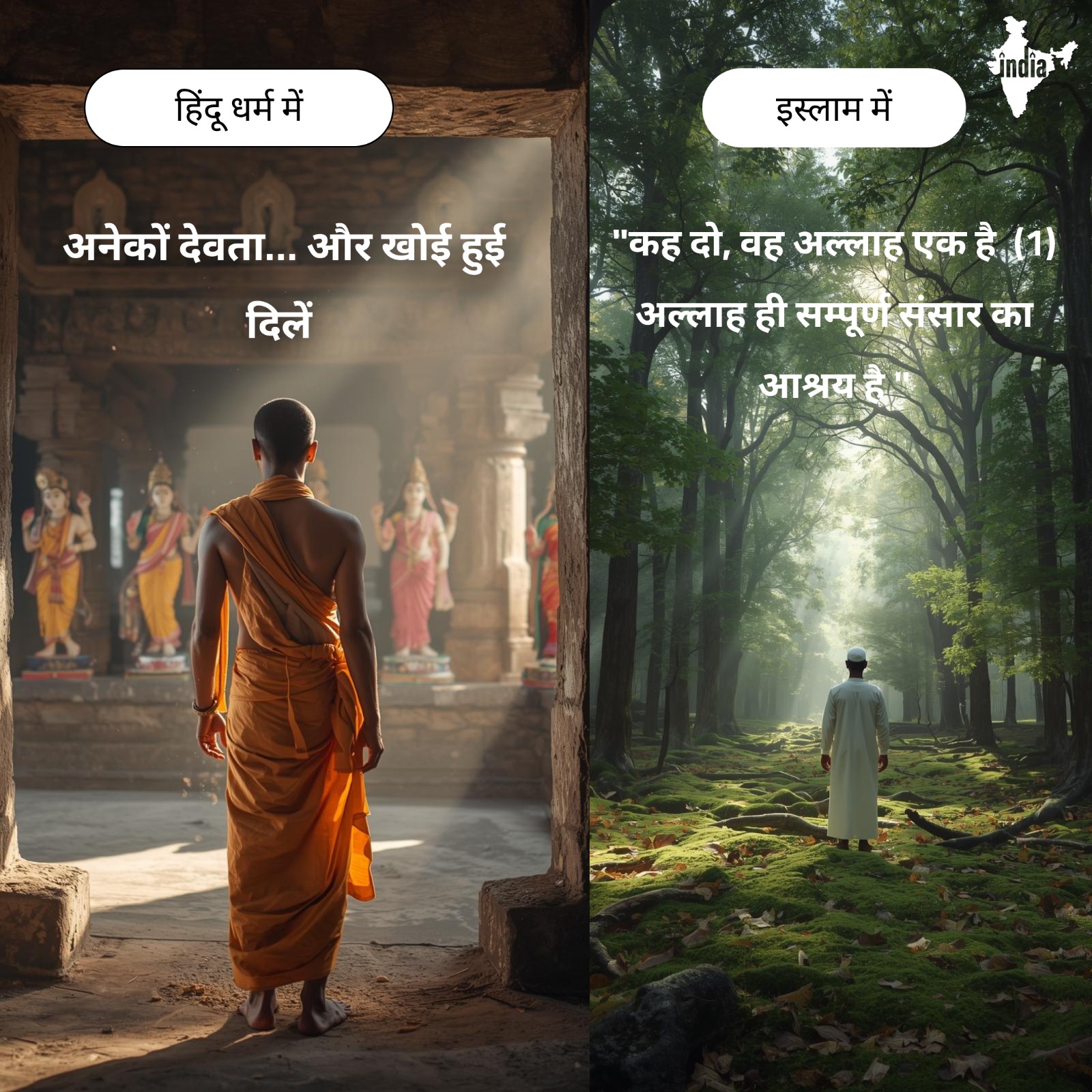 इस्लाम में  "कह दो, वह अल्लाह एक है। (1) अल्लाह ही सम्पूर्ण संसार का आश्रय है।" हिंदू धर्म में  अनेकों देवता… और खोई हुई दिलें।