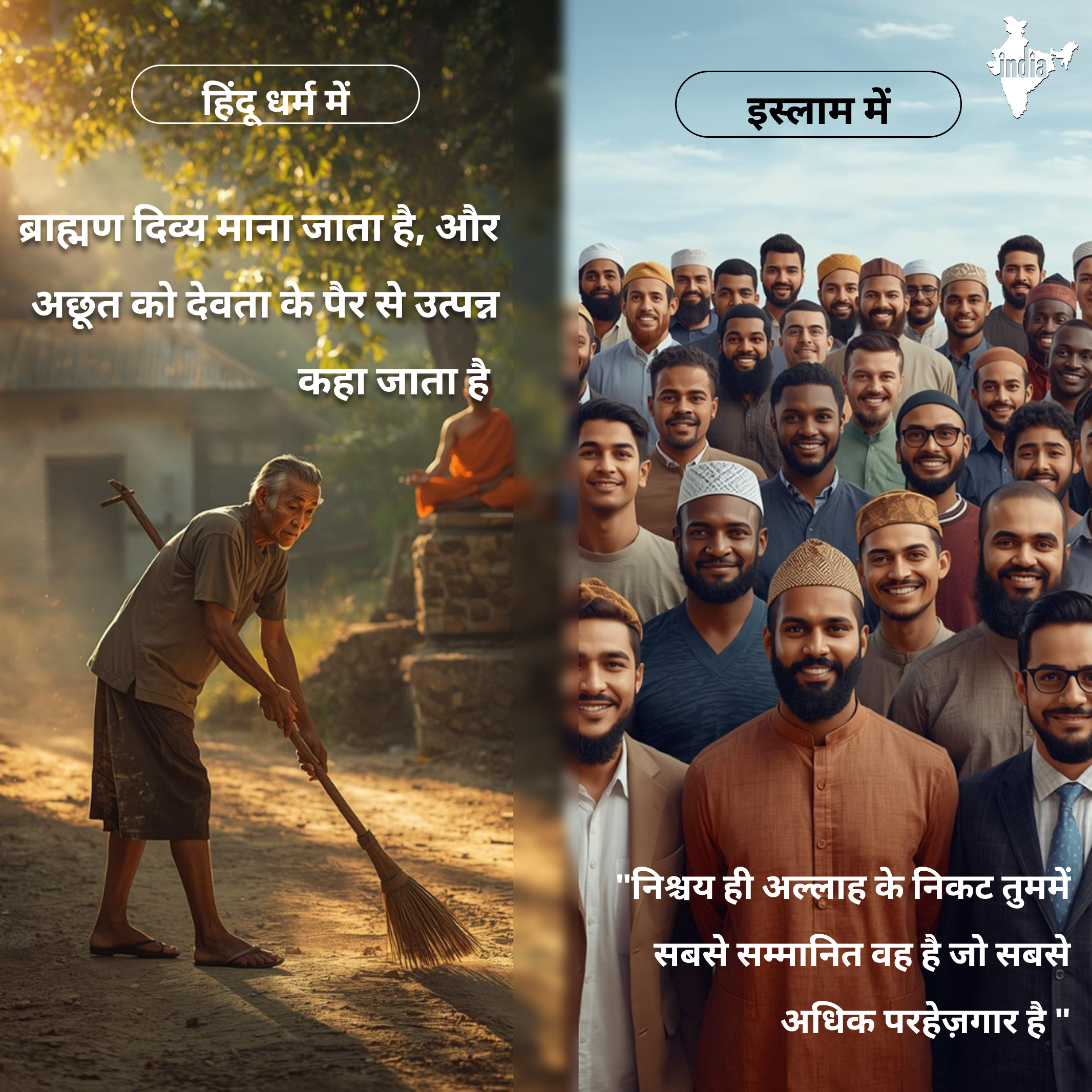 इस्लाम में  "निश्चय ही अल्लाह के निकट तुममें सबसे सम्मानित वह है जो सबसे अधिक परहेज़गार है।" हिंदू धर्म में  ब्राह्मण दिव्य माना जाता है, और अछूत को देवता के पैर से उत्पन्न कहा जाता है।